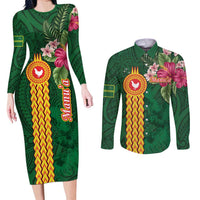 Manuʻa Islands Couples Matching Long Sleeve Bodycon Dress and Long Sleeve Button Shirt Polynesian Style with Rooster Tattoo and Tropical Plants