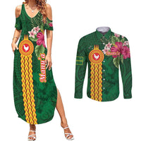 Manuʻa Islands Couples Matching Summer Maxi Dress and Long Sleeve Button Shirt Polynesian Style with Rooster Tattoo and Tropical Plants