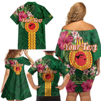 Manuʻa Islands Family Matching Off Shoulder Short Dress and Hawaiian Shirt Polynesian Style with Rooster Tattoo and Tropical Plants