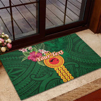 Manuʻa Islands Rubber Doormat Polynesian Style with Rooster Tattoo and Tropical Plants