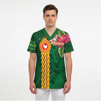 Manuʻa Islands Scrub Top Polynesian Style with Rooster Tattoo and Tropical Plants - Polynesian Pride