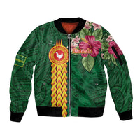 Manuʻa Islands Sleeve Zip Bomber Jacket Polynesian Style with Rooster Tattoo and Tropical Plants
