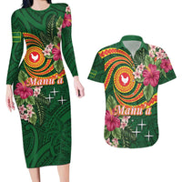 Manuʻa Islands Couples Matching Long Sleeve Bodycon Dress and Hawaiian Shirt Polynesian Art Tattoo Style and Tropical Plants
