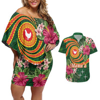Manuʻa Islands Couples Matching Off Shoulder Short Dress and Hawaiian Shirt Polynesian Art Tattoo Style and Tropical Plants