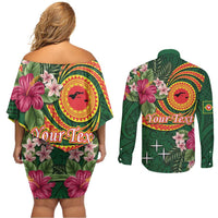 Manuʻa Islands Couples Matching Off Shoulder Short Dress and Long Sleeve Button Shirt Polynesian Art Tattoo Style and Tropical Plants