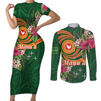 Manuʻa Islands Couples Matching Short Sleeve Bodycon Dress and Long Sleeve Button Shirt Polynesian Art Tattoo Style and Tropical Plants