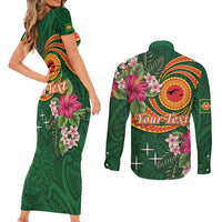 Manuʻa Islands Couples Matching Short Sleeve Bodycon Dress and Long Sleeve Button Shirt Polynesian Art Tattoo Style and Tropical Plants