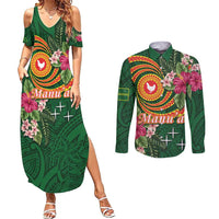 Manuʻa Islands Couples Matching Summer Maxi Dress and Long Sleeve Button Shirt Polynesian Art Tattoo Style and Tropical Plants
