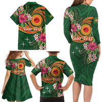 Manuʻa Islands Family Matching Long Sleeve Bodycon Dress and Hawaiian Shirt Polynesian Art Tattoo Style and Tropical Plants