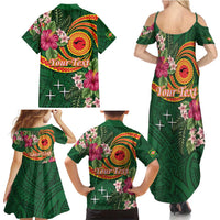 Manuʻa Islands Family Matching Summer Maxi Dress and Hawaiian Shirt Polynesian Art Tattoo Style and Tropical Plants