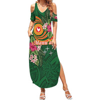 Manuʻa Islands Family Matching Summer Maxi Dress and Hawaiian Shirt Polynesian Art Tattoo Style and Tropical Plants