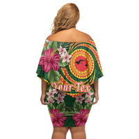 Manuʻa Islands Off Shoulder Short Dress Polynesian Art Tattoo Style and Tropical Plants