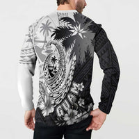 Hafa Adai Guam Button Sweatshirt Polynesian Palm Tree Tattoo Hibiscus and Plumeria Art