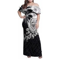 Hafa Adai Guam Family Matching Off Shoulder Maxi Dress and Hawaiian Shirt Polynesian Palm Tree Tattoo Hibiscus and Plumeria Art