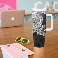 Hafa Adai Guam Tumbler With Handle Polynesian Palm Tree Tattoo Hibiscus and Plumeria Art