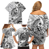 Guam-Land of the Chamorro Family Matching Off Shoulder Short Dress and Hawaiian Shirt Polynesian Tattoo Style Hibiscus and Plumeria Art