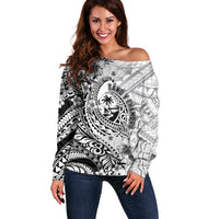 Guam-Land of the Chamorro Off Shoulder Sweater Polynesian Tattoo Style Hibiscus and Plumeria Art