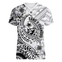 Guam-Land of the Chamorro Women V-Neck T-Shirt Polynesian Tattoo Style Hibiscus and Plumeria Art