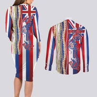 Hawaiian Sea Animals Couples Matching Long Sleeve Bodycon Dress and Long Sleeve Button Shirt with Lei and Flag Style