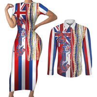 Hawaiian Sea Animals Couples Matching Short Sleeve Bodycon Dress and Long Sleeve Button Shirt with Lei and Flag Style
