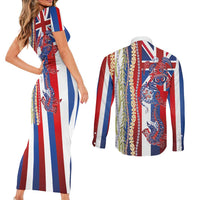 Hawaiian Sea Animals Couples Matching Short Sleeve Bodycon Dress and Long Sleeve Button Shirt with Lei and Flag Style