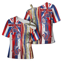 Hawaiian Sea Animals Cross Shoulder Shirt with Lei and Flag Style