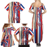 Hawaiian Sea Animals Family Matching Summer Maxi Dress and Hawaiian Shirt with Lei and Flag Style