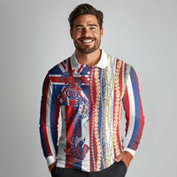 Hawaiian Sea Animals Long Sleeve Polo Shirt with Lei and Flag Style LT03 - Polynesian Pride