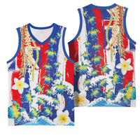 Hawaiian Sea Turtles and Plumeria Basketball Jersey with Lei and Flag Grunge Style