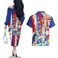 Hawaiian Sea Turtles and Plumeria Couples Matching Off The Shoulder Long Sleeve Dress and Hawaiian Shirt with Lei and Flag Grunge Style
