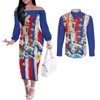 Hawaiian Sea Turtles and Plumeria Couples Matching Off The Shoulder Long Sleeve Dress and Long Sleeve Button Shirt with Lei and Flag Grunge Style