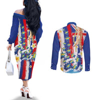 Hawaiian Sea Turtles and Plumeria Couples Matching Off The Shoulder Long Sleeve Dress and Long Sleeve Button Shirt with Lei and Flag Grunge Style
