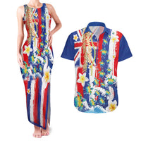 Hawaiian Sea Turtles and Plumeria Couples Matching Tank Maxi Dress and Hawaiian Shirt with Lei and Flag Grunge Style