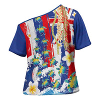 Hawaiian Sea Turtles and Plumeria Cross Shoulder Shirt with Lei and Flag Grunge Style LT03 - Polynesian Pride