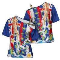 Hawaiian Sea Turtles and Plumeria Cross Shoulder Shirt with Lei and Flag Grunge Style LT03 - Polynesian Pride