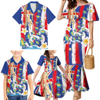 Hawaiian Sea Turtles and Plumeria Family Matching Mermaid Dress and Hawaiian Shirt with Lei and Flag Grunge Style
