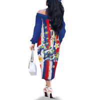 Hawaiian Sea Turtles and Plumeria Family Matching Off The Shoulder Long Sleeve Dress and Hawaiian Shirt with Lei and Flag Grunge Style