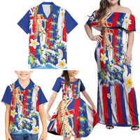Hawaiian Sea Turtles and Plumeria Family Matching Off Shoulder Maxi Dress and Hawaiian Shirt with Lei and Flag Grunge Style