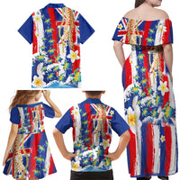 Hawaiian Sea Turtles and Plumeria Family Matching Off Shoulder Maxi Dress and Hawaiian Shirt with Lei and Flag Grunge Style