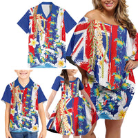 Hawaiian Sea Turtles and Plumeria Family Matching Off Shoulder Short Dress and Hawaiian Shirt with Lei and Flag Grunge Style