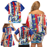 Hawaiian Sea Turtles and Plumeria Family Matching Off Shoulder Short Dress and Hawaiian Shirt with Lei and Flag Grunge Style