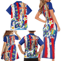Hawaiian Sea Turtles and Plumeria Family Matching Short Sleeve Bodycon Dress and Hawaiian Shirt with Lei and Flag Grunge Style