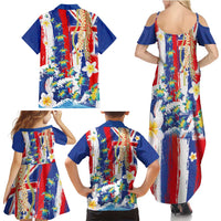 Hawaiian Sea Turtles and Plumeria Family Matching Summer Maxi Dress and Hawaiian Shirt with Lei and Flag Grunge Style