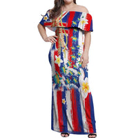 Hawaiian Sea Turtles and Plumeria Off Shoulder Maxi Dress with Lei and Flag Grunge Style LT03 Women Multicolor - Polynesian Pride