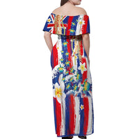 Hawaiian Sea Turtles and Plumeria Off Shoulder Maxi Dress with Lei and Flag Grunge Style LT03 - Polynesian Pride