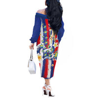 Hawaiian Sea Turtles and Plumeria Off The Shoulder Long Sleeve Dress with Lei and Flag Grunge Style