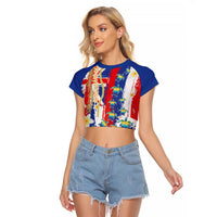 Hawaiian Sea Turtles and Plumeria Raglan Cropped T Shirt with Lei and Flag Grunge Style LT03 Female Multicolor - Polynesian Pride