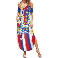 Hawaiian Sea Turtles and Plumeria Summer Maxi Dress with Lei and Flag Grunge Style LT03 Women Multicolor - Polynesian Pride