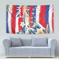 Hawaiian Sea Turtles and Plumeria Tapestry with Lei and Flag Grunge Style
