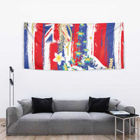 Hawaiian Sea Turtles and Plumeria Tapestry with Lei and Flag Grunge Style
